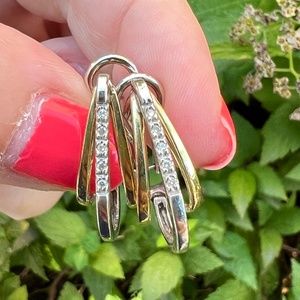 14K TWO TONE WHITE YELLOW GOLD DIAMOND LARGE HALF HOOP HUGGIE EARRINGS OMEGA LOC